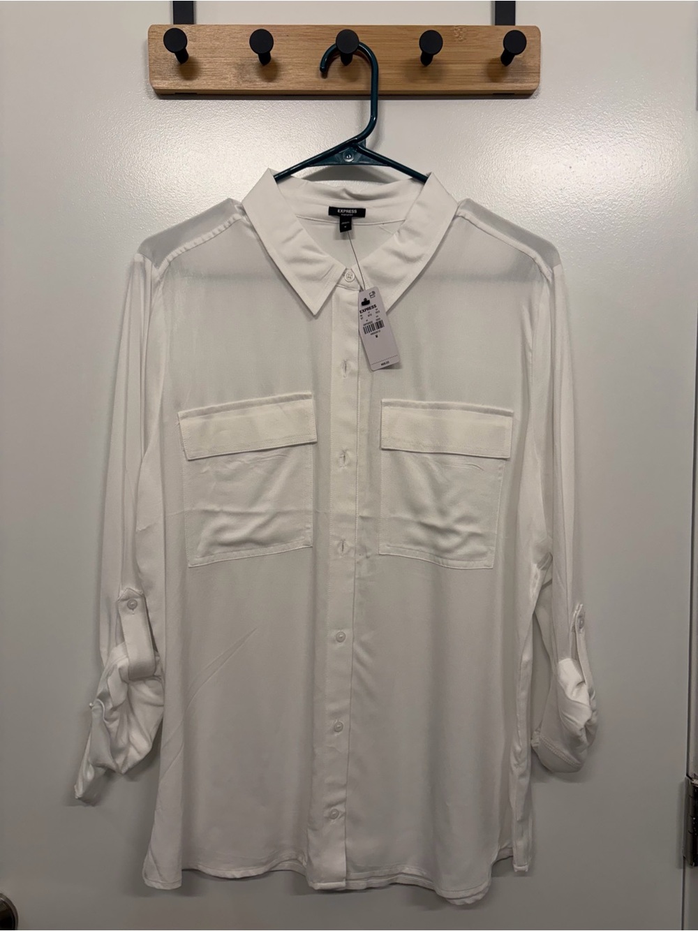 Express Portofino White Semi-Sheer Long Sleeve Pocket Blouse